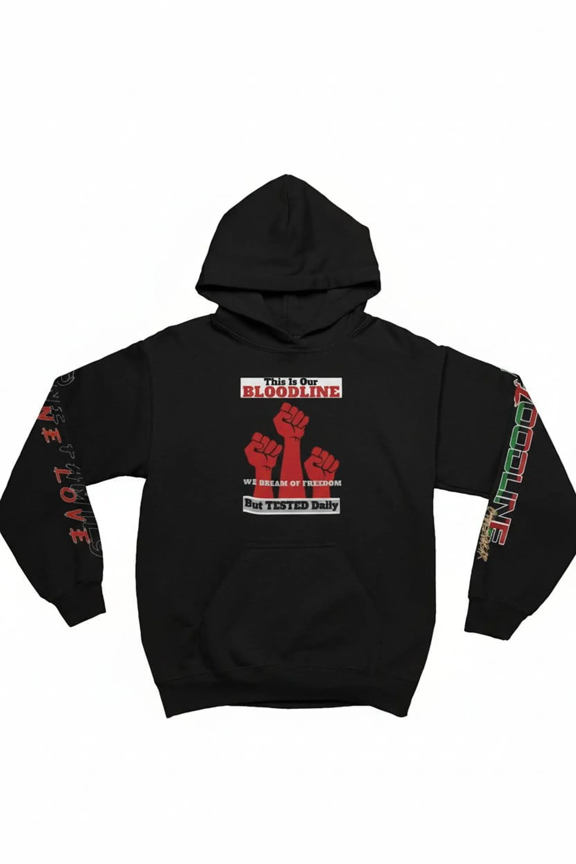 A black pullover hoodie with a red and white graphic on the chest.